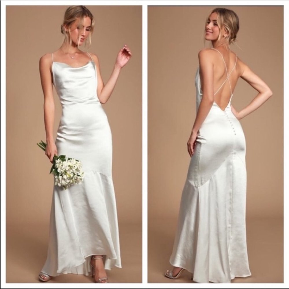 Elliatt Aisle White Satin Cowl Neck Maxi Dress